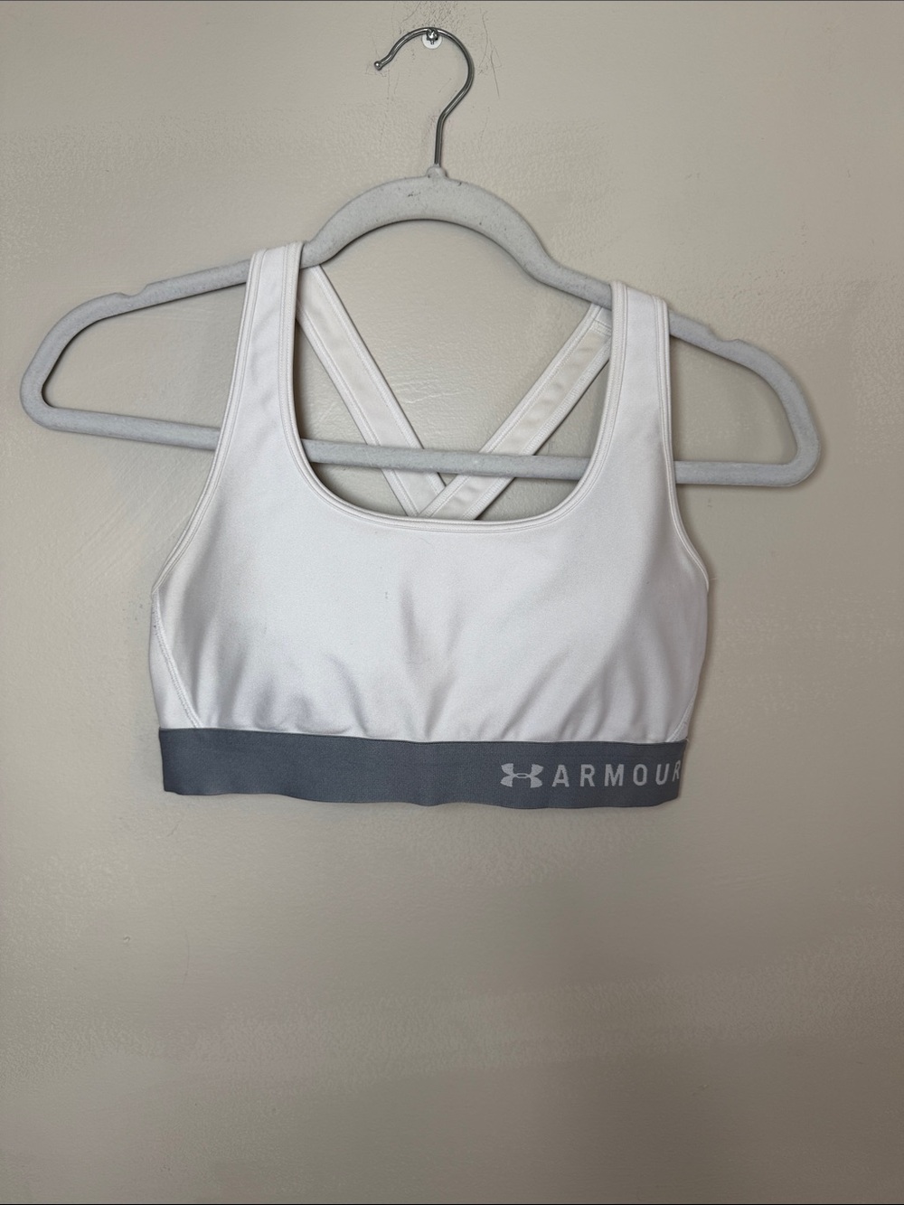 Under Armour White Sports Bra with Gray Band and Crossback Straps. Medium